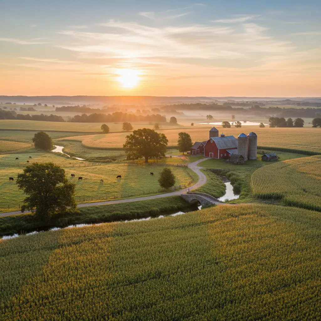 Beautiful farm landscape at sunrise