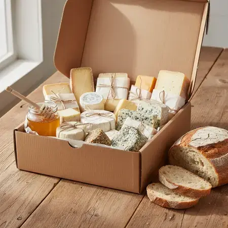 Open kraft cardboard box with artisanal cheese, honey, and rustic bread